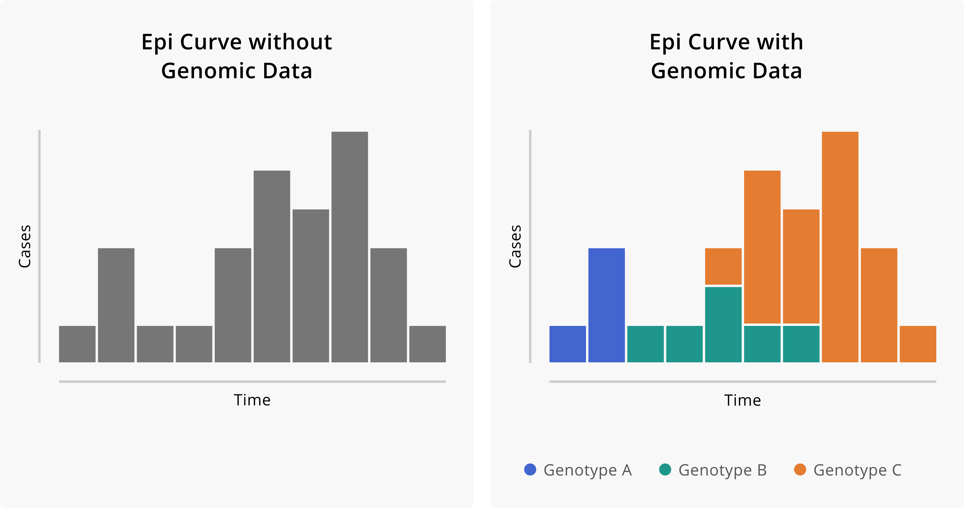 Epi curve showing gray bars for cases on the left and coloured bars enabled by pathogen typing on the right