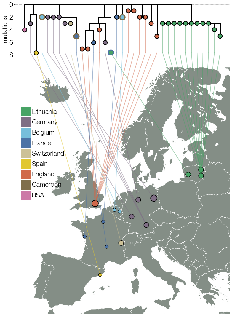 Early lineage X genomes collected from different countries in Europe. Known travel cases are indicated with outlines corresponding to country of origin.